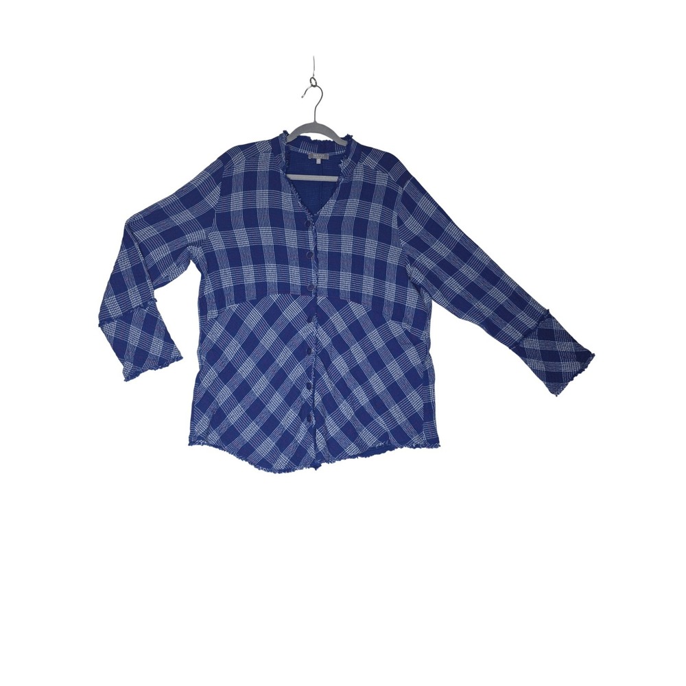 Habitat M Clothes to Live In BluePlaid Gauze‎ ButtonFront Blouse FrayedEdge Boho